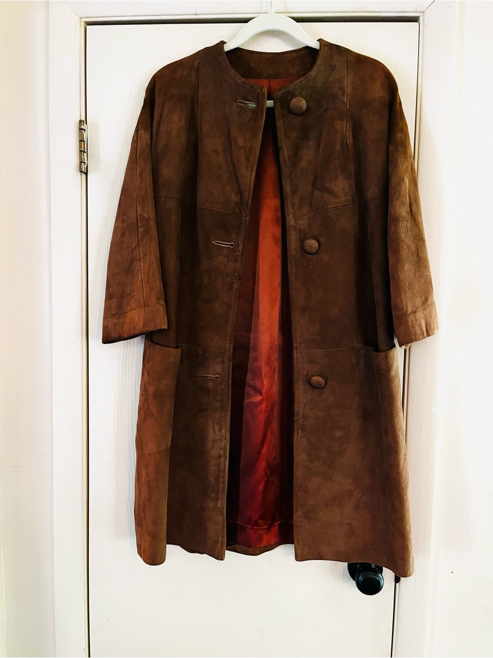 Vintage 70s Brown Suede Leather Long Coat Boho Mod Hippie Quiet Luxury Jacket